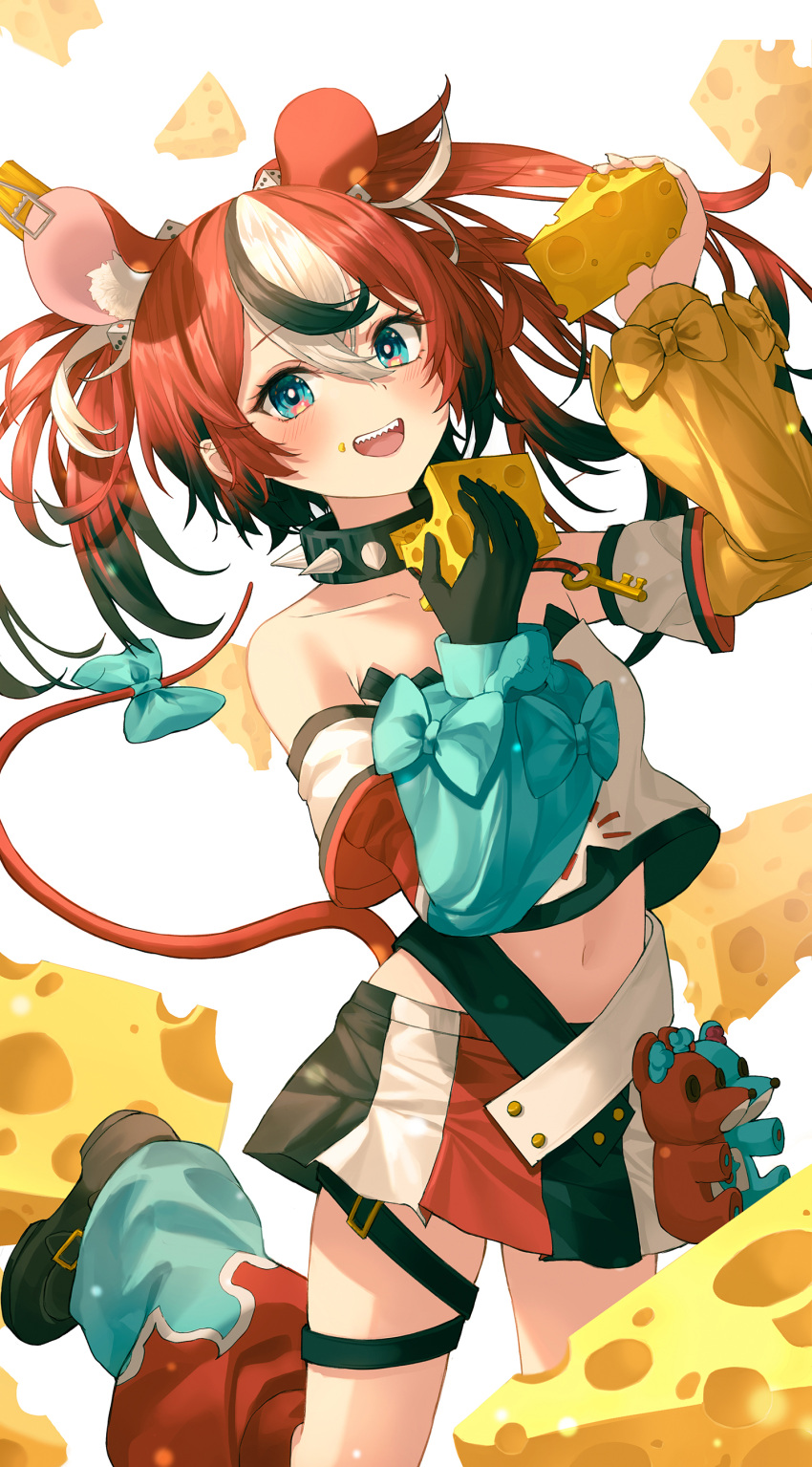 1girl absurdres animal_ears bangs black_footwear black_gloves black_hair blue_bow blue_eyes blush boots bow cheese collarbone detached_sleeves food gloves hakos_baelz highres holding holding_food hololive hololive_english mouse_ears mouse_girl multicolored_hair navel redhead sharp_teeth shirt smile solo tail tail_bow tail_ornament teeth tem thigh_strap tube_socks virtual_youtuber white_hair white_shirt