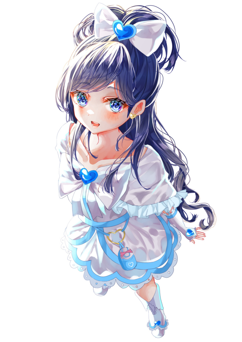 1girl absurdres back backlighting bag black_hair blue_eyes blush boots collarbone cure_white dress ebimau elbow_gloves eyebrows_visible_through_hair frills full_body futari_wa_precure futari_wa_precure_max_heart gloves hair_between_eyes hair_ribbon heart heart_brooch highres leg_warmers magical_girl open_mouth precure ribbon simple_background white_background white_dress white_footwear white_gloves