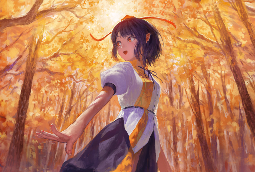 1girl :d autumn backlighting bangs black_hair black_ribbon black_skirt breasts commentary dappled_sunlight fjsmu forest from_below hat hat_ribbon highres leaf-pattern_stripe light_blush looking_to_the_side nature neck_ribbon no_wings open_mouth orange_eyes outdoors outstretched_arm outstretched_hand pointy_ears puffy_short_sleeves puffy_sleeves red_headwear red_ribbon ribbon shameimaru_aya shirt short_hair short_sleeves sidelocks skirt small_breasts smile solo sunlight swept_bangs tokin_hat touhou tree white_shirt