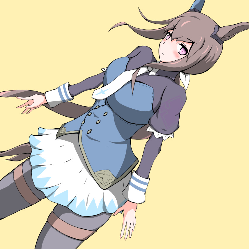 1girl admire_vega_(umamusume) animal_ears brown_hair commentary_request hair_ribbon highres horse_ears horse_girl horse_tail juliet_sleeves long_hair long_sleeves looking_at_viewer low_ponytail manonoma miniskirt pantyhose puffy_sleeves purple_eyes ribbon single_ear_cover skirt solo tail thigh_strap umamusume white_ribbon white_skirt