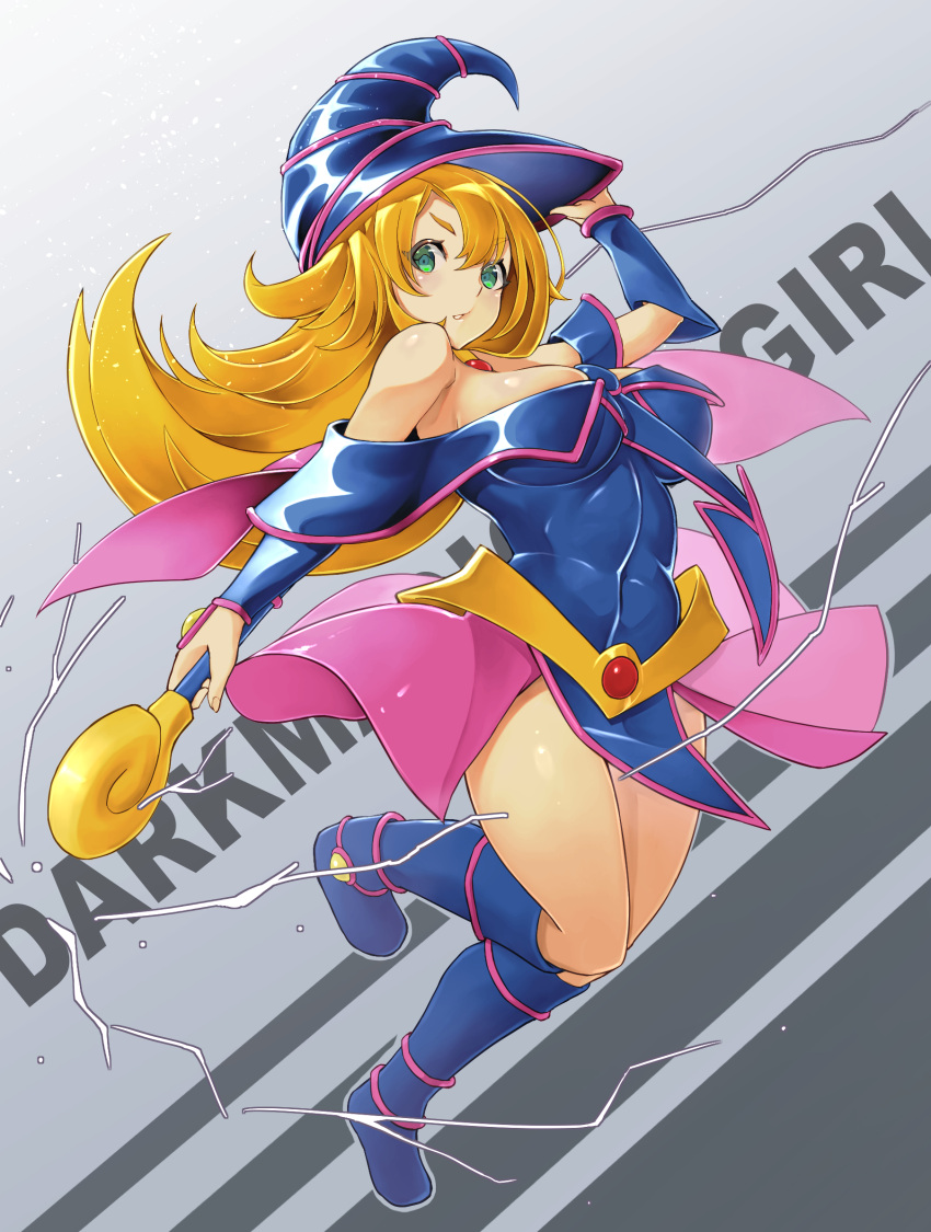 1girl bangs bare_shoulders blonde_hair blue_eyes blue_footwear blush boots breasts dark_magician_girl duel_monster hair_between_eyes hat highres holding holding_wand long_hair looking_at_viewer off_shoulder smile solo ssmawaru thighs wand wizard_hat yu-gi-oh! yu-gi-oh!_duel_monsters yuu-gi-ou yuu-gi-ou_duel_monsters