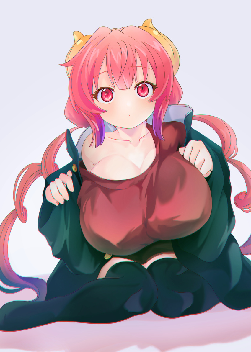 1girl bangs black_coat black_legwear blush breasts coat covered_nipples full_body highres huge_breasts ilulu_(maidragon) kobayashi-san_chi_no_maidragon long_hair nztfsg off_shoulder pink_eyes pink_hair red_shirt shirt simple_background sitting solo thigh-highs twintails very_long_hair white_background