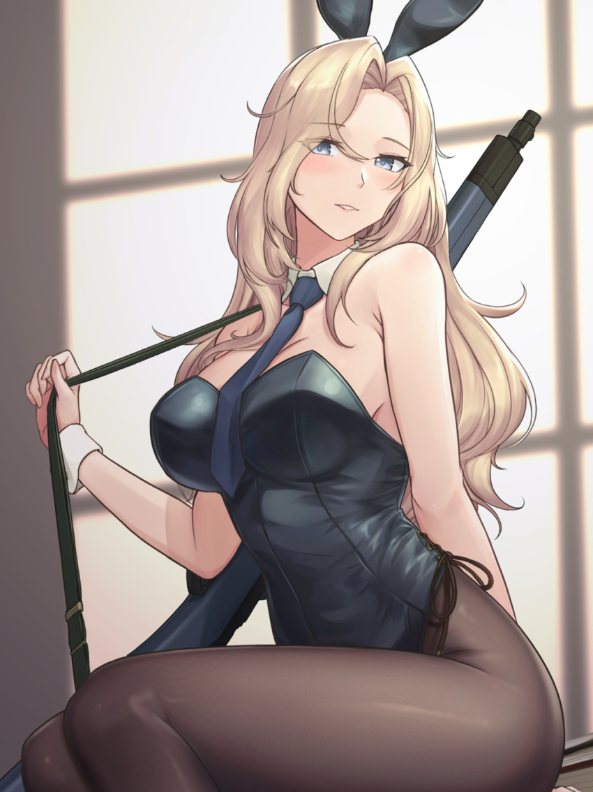 1girl animal_ears black_legwear black_leotard black_necktie blonde_hair breasts collar commentary_request detached_collar eyes_visible_through_hair fake_animal_ears grey_eyes gun highres hornet_(kancolle) kantai_collection large_breasts leotard long_hair necktie odachu pantyhose playboy_bunny rabbit_ears rifle sitting sitting_on_table smile solo strapless strapless_leotard weapon white_collar window wrist_cuffs