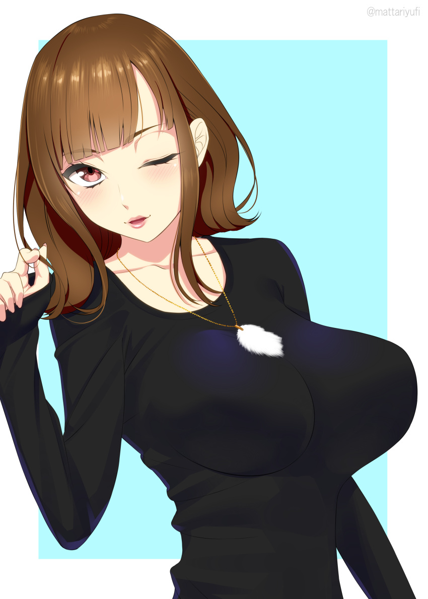 1girl absurdres bangs blunt_bangs breasts brown_eyes brown_hair commentary_request feather_necklace hand_up highres large_breasts long_sleeves looking_at_viewer mattari_yufi one_eye_closed open_mouth original playing_with_own_hair shirt short_hair sidelocks sleeves_past_wrists smile solo sweater tight tight_shirt twitter_username upper_body