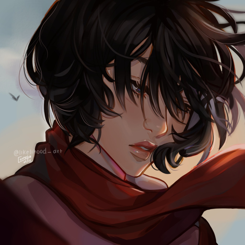 1girl artist_name bird black_hair close-up clouds dated english_commentary eyebrows_behind_hair eyelashes floating_scarf highres likelihood_art lips long_scarf messy_hair mikasa outdoors parted_lips red_lips red_scarf scarf shingeki_no_kyojin short_hair sky solo upper_body