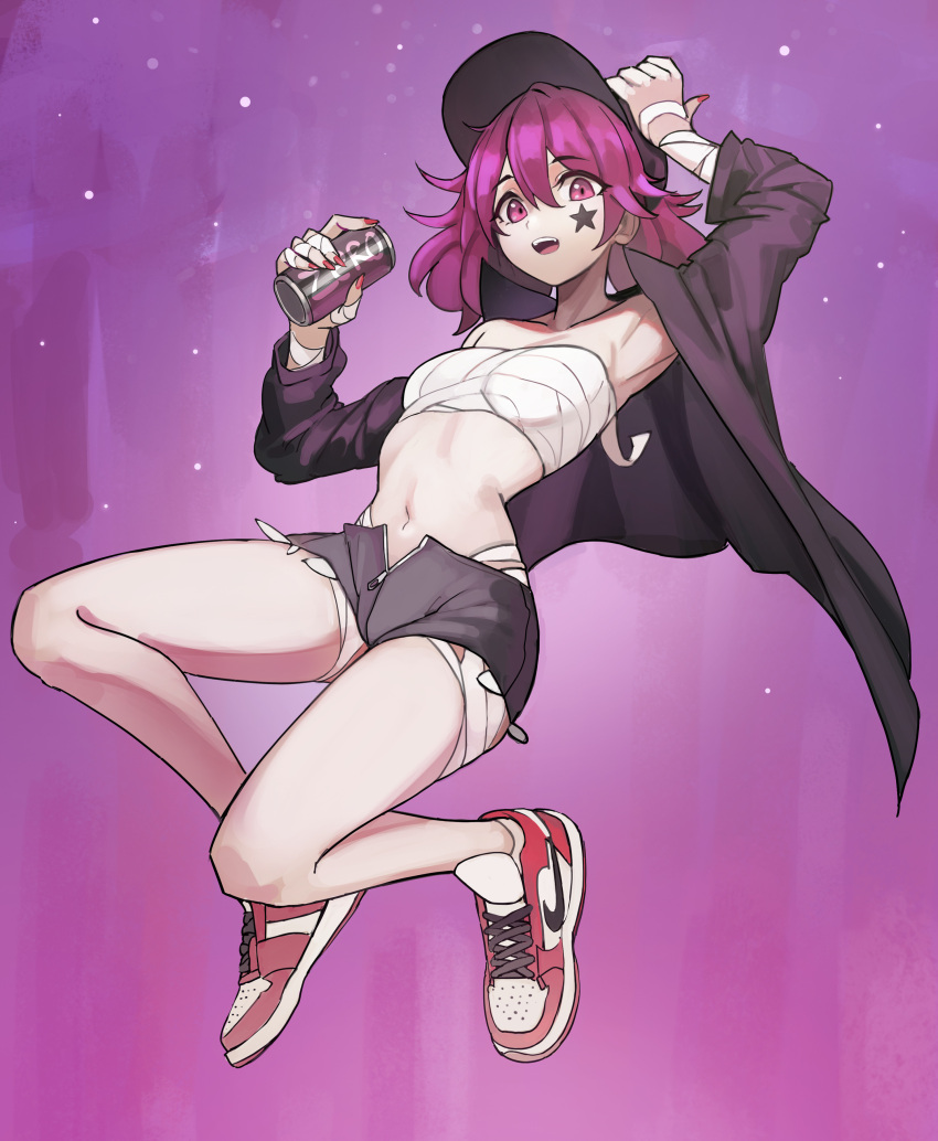 1girl absurdres arm_up armpits bandages bangs breasts can character_request commission copyright_request eyebrows_visible_through_hair fingernails floating full_body hat highres holding holding_can jacket kiritzugu looking_at_viewer midriff navel nike open_fly open_mouth purple_hair red_nails ribs sarashi shoes short_hair short_shorts shorts small_breasts solo stomach violet_eyes zipper