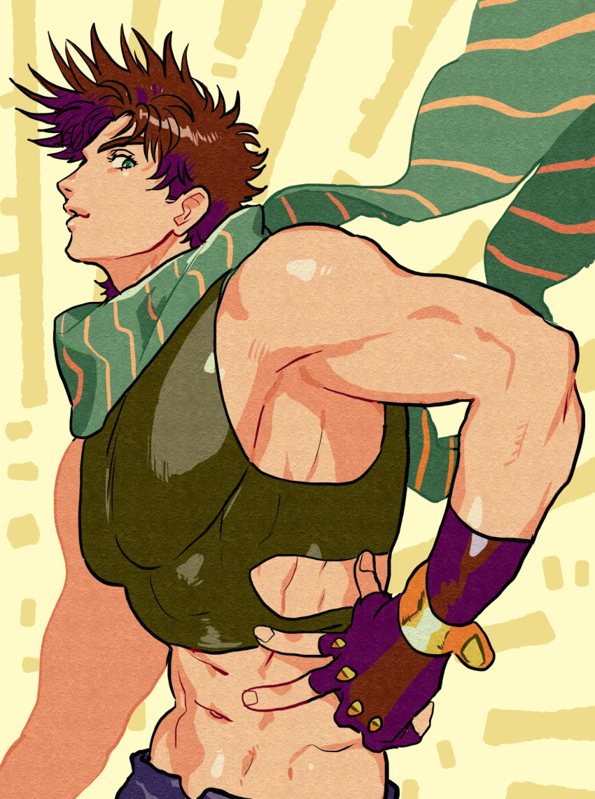 1boy abs bare_shoulders biceps brown_hair crop_top fingerless_gloves gloves green_eyes green_scarf hand_on_hip highres jojo_no_kimyou_na_bouken joseph_joestar joseph_joestar_(young) male_focus midriff nitako scarf solo striped striped_scarf