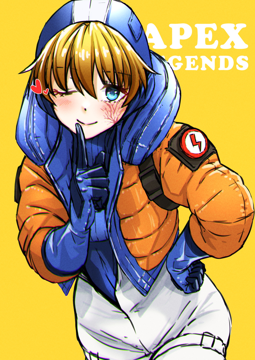 1girl absurdres amanesan apex_legends bangs blue_bodysuit blue_eyes blue_gloves blush bodysuit clenched_hand eyebrows_visible_through_hair gloves hand_on_hip heart highres hood hooded_jacket jacket lightning_bolt_symbol logo one_eye_closed orange_jacket pointing pointing_up ribbed_bodysuit solo wattson_(apex_legends) white_bodysuit yellow_background