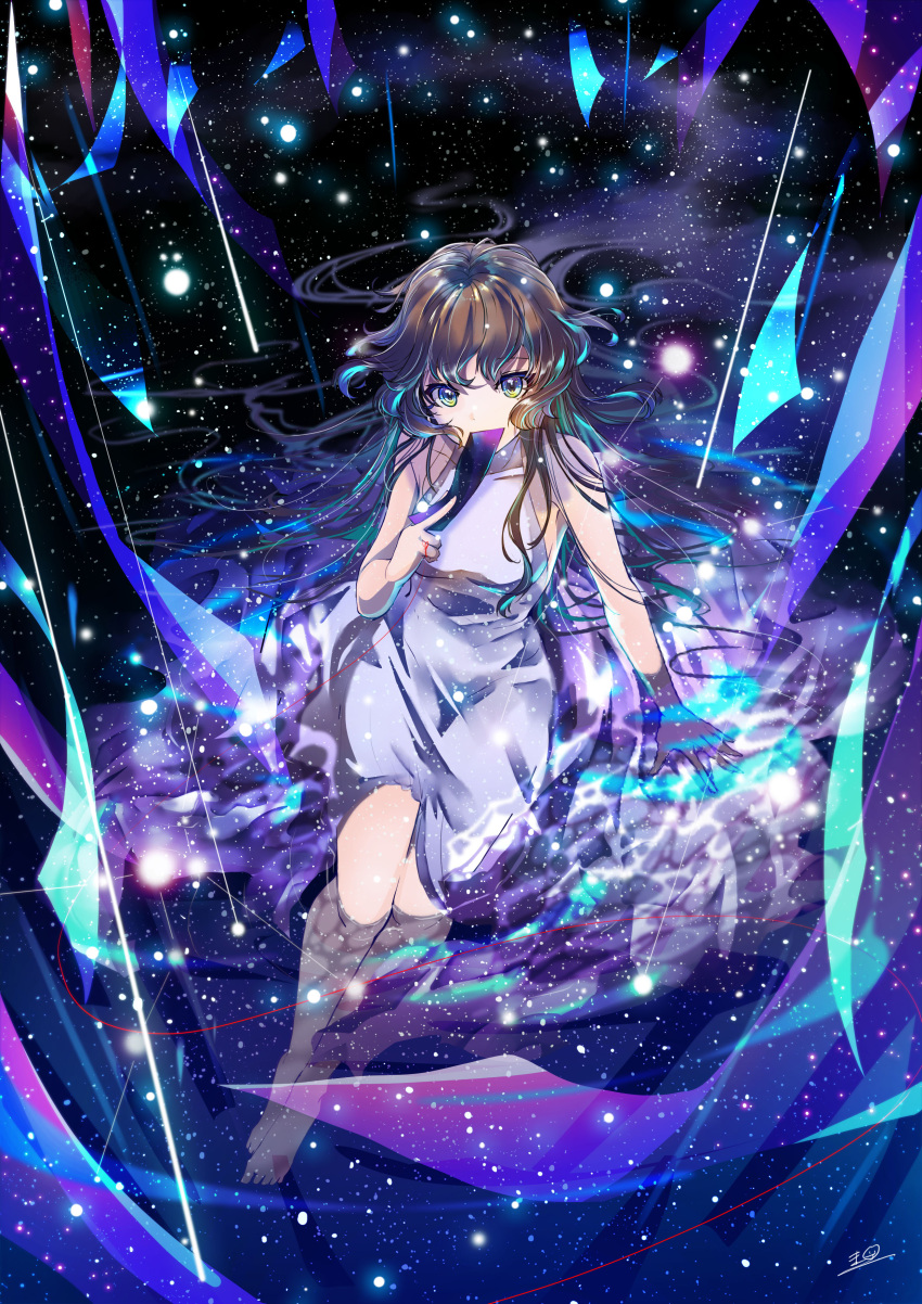 1girl absurdres blue_eyes brown_hair card galaxy goddess highres holding holding_card long_hair looking_to_the_side original pale_skin sanamisa sky star_(sky) starry_sky tanabata universe very_long_hair