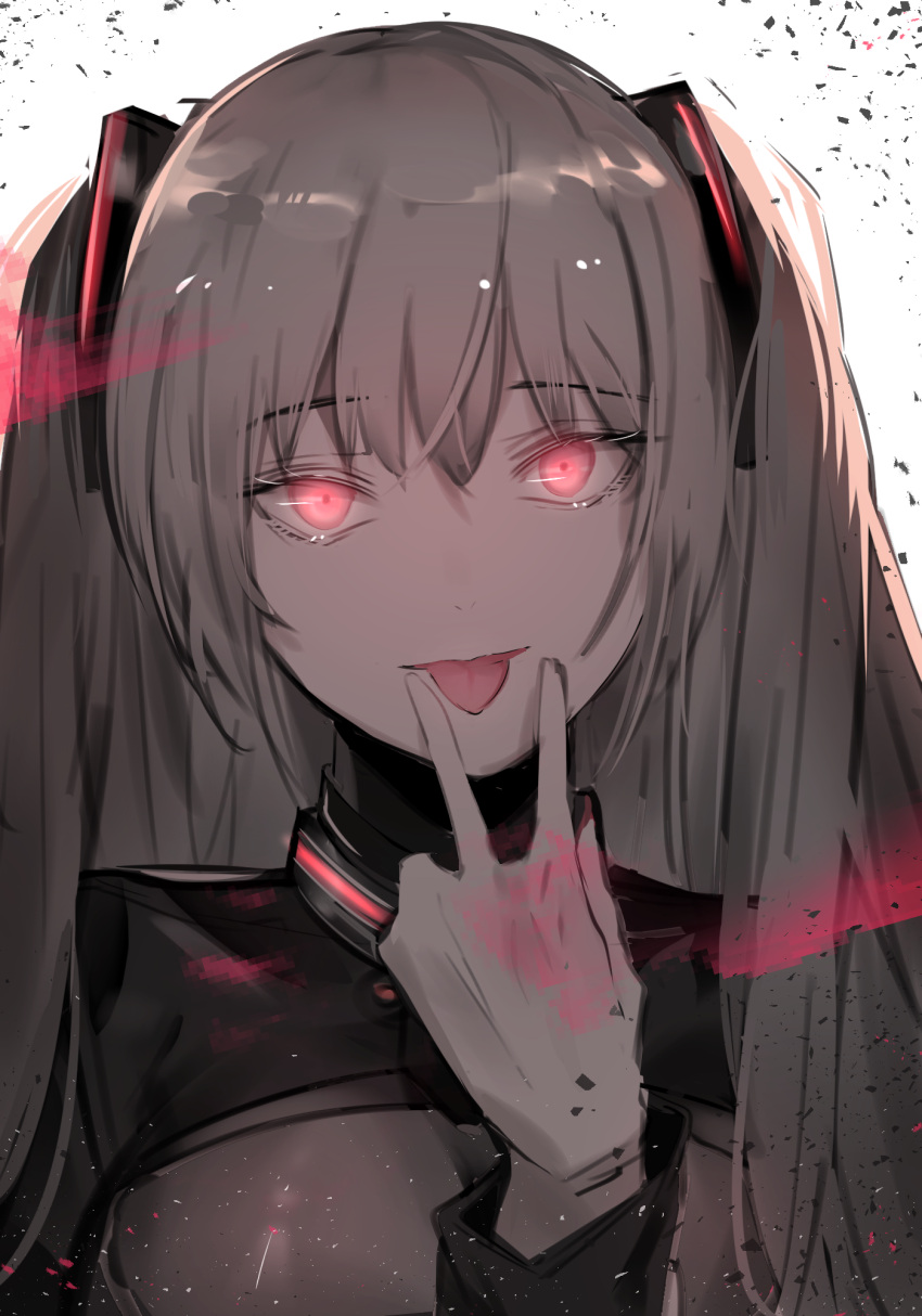 1girl bangs beak_(girls'_frontline) cizzi closed_mouth eyebrows_visible_through_hair girls_frontline gloves grey_hair hair_ornament hairclip highres long_hair looking_at_viewer sangvis_ferri solo tongue tongue_out twintails upper_body v violet_eyes white_background white_gloves