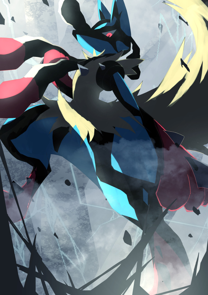 absurdres commentary_request crack from_below highres looking_down lucario mega_lucario mega_pokemon pink_eyes pokemon pokemon_(creature) ririri_(user_rkrv7838) rock smoke solo spikes yellow_fur