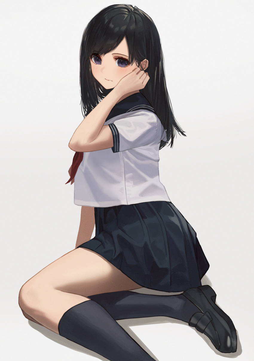 1girl absurdres black_footwear black_hair black_legwear black_skirt blush closed_mouth commentary_request from_side hand_in_hair hand_up hara_kenshi highres ichigo_100_percent kneehighs loafers long_hair looking_at_viewer looking_to_the_side neckerchief pleated_skirt red_neckerchief school_uniform serafuku shirt shoes short_sleeves simple_background sitting skirt solo toujou_aya violet_eyes white_background white_shirt yokozuwari