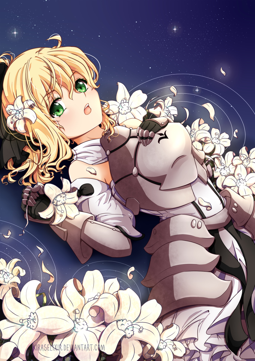 1girl artoria_pendragon_(all) black_bow blonde_hair bow breastplate caliburn dress eyebrows_visible_through_hair fate/grand_order fate/unlimited_codes fate_(series) faulds floating_hair gauntlets green_eyes hair_between_eyes hair_bow highres kiraselixir long_hair looking_at_viewer outdoors petals ponytail saber_lily signature sleeveless sleeveless_dress solo standing white_dress