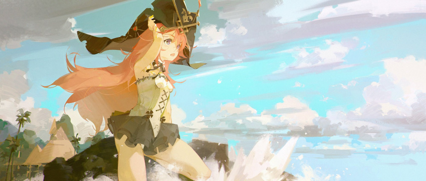 1girl a-shacho bangs black_headwear black_ribbon blue_eyes blue_sky breasts clouds coconut_tree commentary frilled_swimsuit frills hand_on_headwear hand_up hat highres long_hair looking_away masterwork_apocalypse official_art open_mouth palm_tree pirate_hat redhead ribbon rock silver_(masterwork_apocalypse) sky small_breasts solo strapless strapless_swimsuit swimsuit tree very_long_hair water white_swimsuit