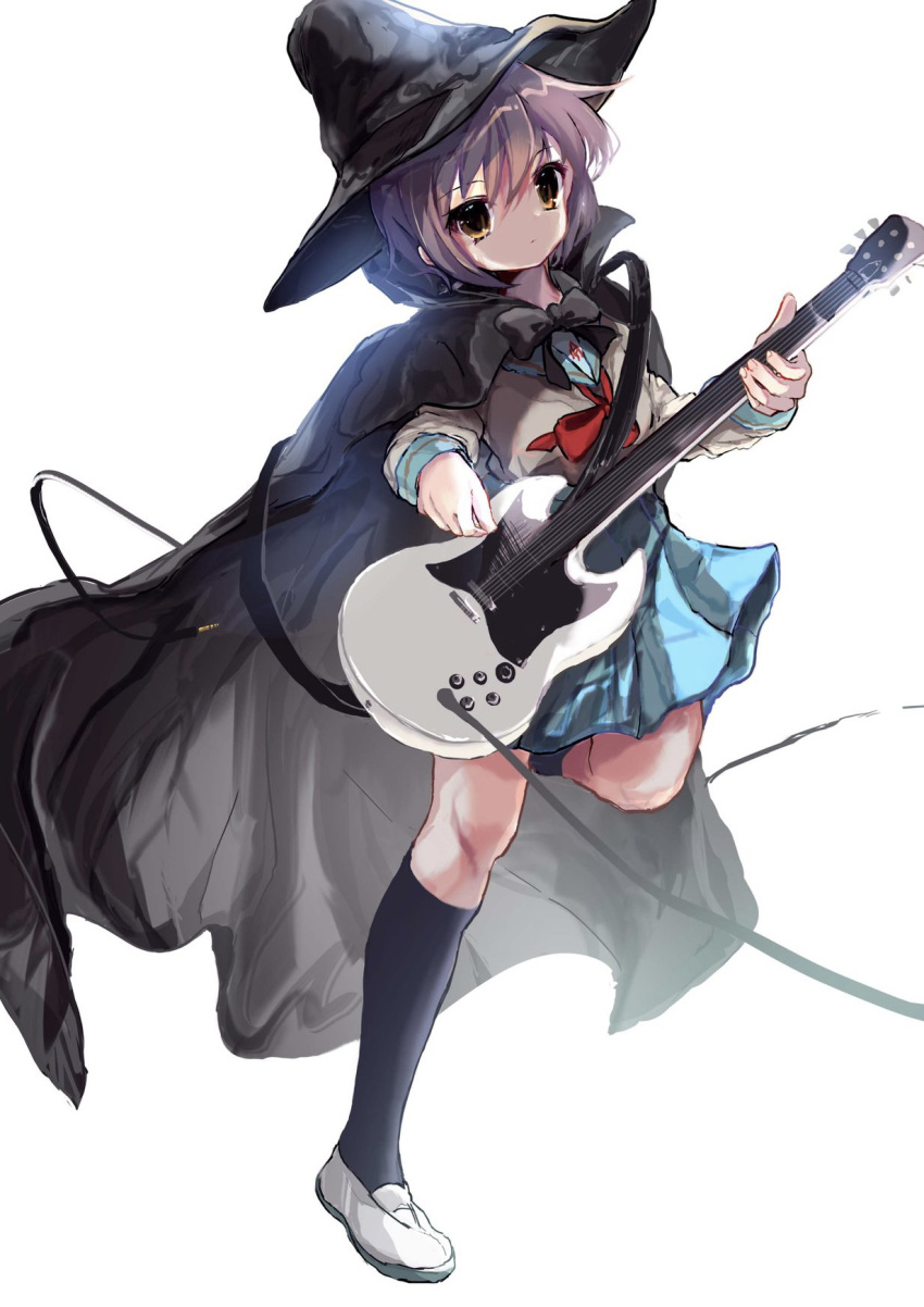 1girl bangs black_bow black_bowtie black_cape blue_sailor_collar blue_skirt bow bowtie brown_eyes cape commentary_request erandhl expressionless eyebrows_visible_through_hair guitar hat highres holding holding_instrument instrument kita_high_school_uniform leg_up long_sleeves looking_at_viewer nagato_yuki purple_hair red_ribbon ribbon sailor_collar school_uniform serafuku short_hair simple_background skirt solo suzumiya_haruhi_no_yuuutsu white_background witch_hat