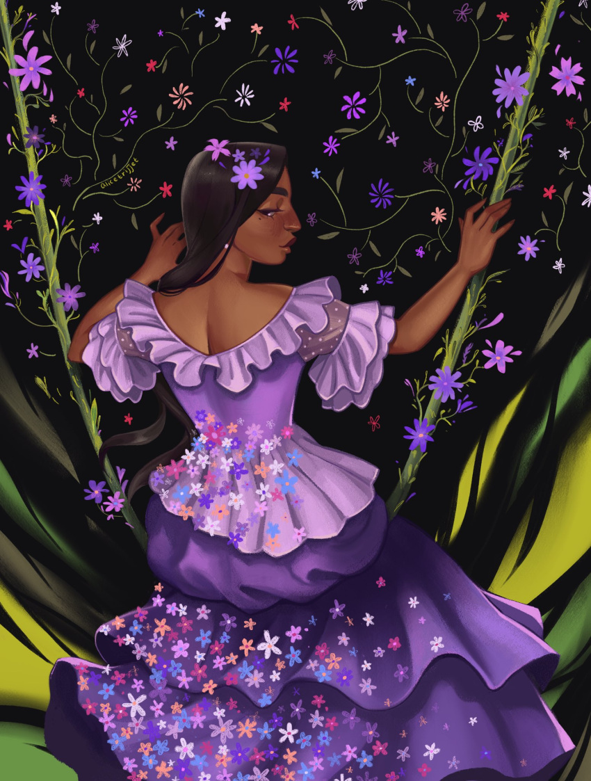 1girl alicetrijjet black_hair dark-skinned_female dark_skin dress encanto flower frilled_sleeves frills hair_flower hair_ornament highres isabela_madrigal long_hair mole mole_under_eye purple_dress purple_flower smile solo thick_eyebrows