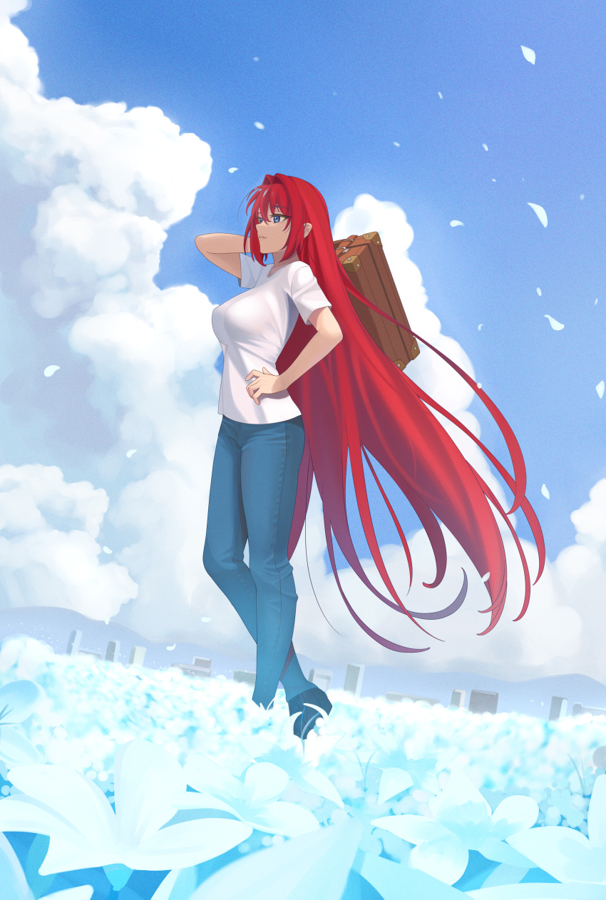 1girl absurdres aozaki_aoko blue_eyes breasts clouds cloudy_sky denim floating_hair flower full_body hair_intakes highres jeans large_breasts long_hair melty_blood melty_blood:_type_lumina outdoors pants quatthro redhead shirt short_hair sky suitcase t-shirt tsukihime tsukihime_(remake) very_long_hair white_shirt