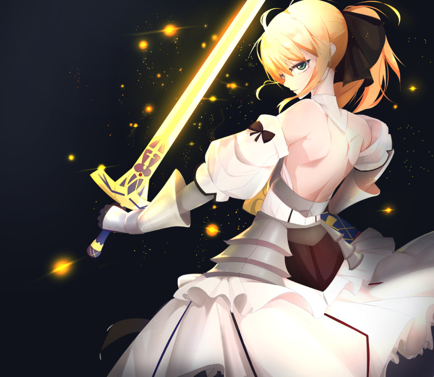 1girl artoria_pendragon_(all) black_bow blonde_hair bow breastplate caliburn dress eyebrows_visible_through_hair fate/grand_order fate/unlimited_codes fate_(series) faulds floating_hair gauntlets green_eyes hair_between_eyes hair_bow highres long_hair looking_at_viewer mine_(queseraseraplz) outdoors petals ponytail saber_lily signature sleeveless sleeveless_dress solo standing sword weapon white_dress