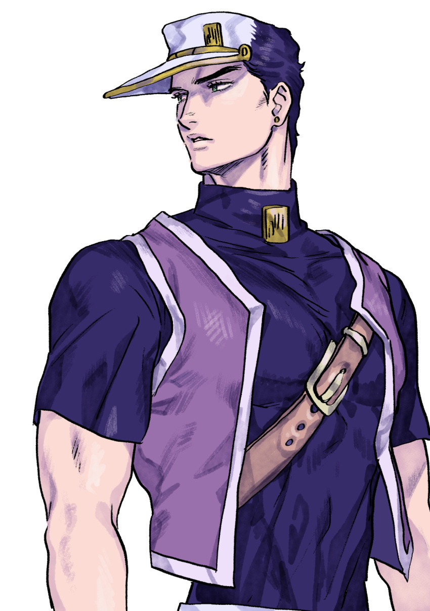 1boy black_hair chest_belt diamond_wa_kudakenai green_eyes hat highres jojo_no_kimyou_na_bouken kujo_jotaro male_focus nitako no_coat no_jacket short_sleeves solo turtleneck vest