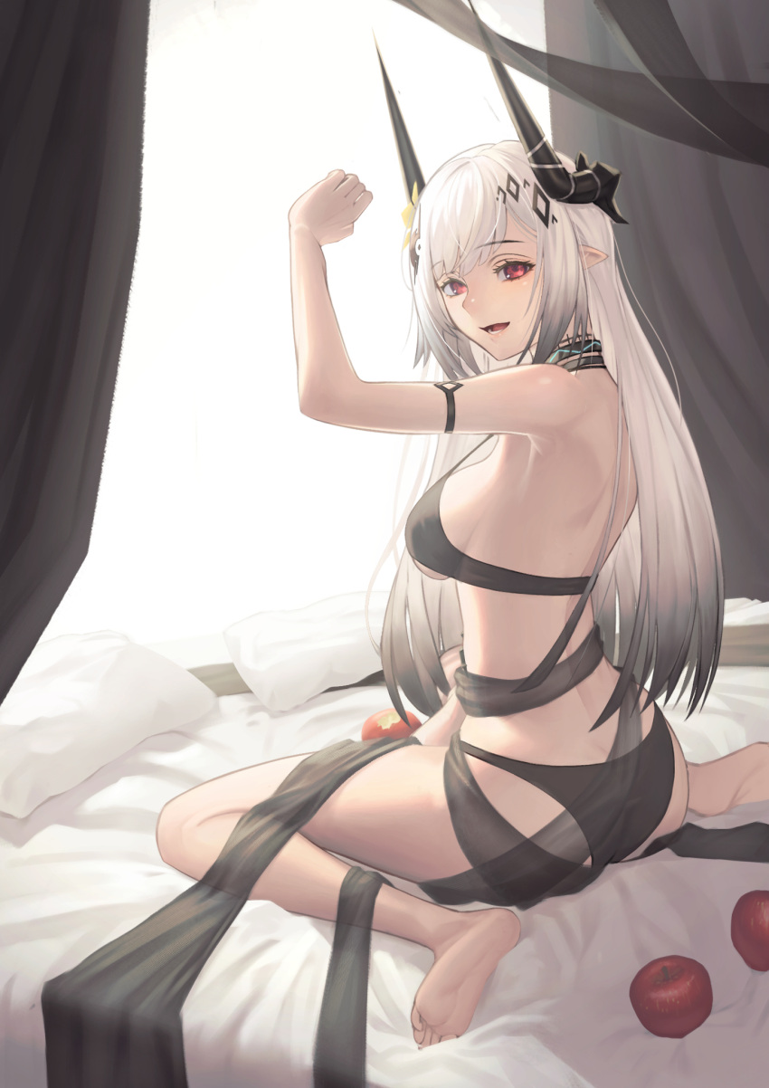 1girl :d apple arknights arm_up armlet armpits ass bare_legs barefoot bed_sheet bikini black_bikini breasts eyebrows_visible_through_hair flower food from_side fruit gradient_hair hair_flower hair_ornament highres horns large_breasts light long_hair looking_at_viewer looking_to_the_side mudrock_(arknights) multicolored_hair official_alternate_costume on_bed open_mouth pillow pointy_ears red_eyes see-through shy_(shy_06) sideboob simple_background smile solo strap_gap swimsuit very_long_hair white_background yellow_flower