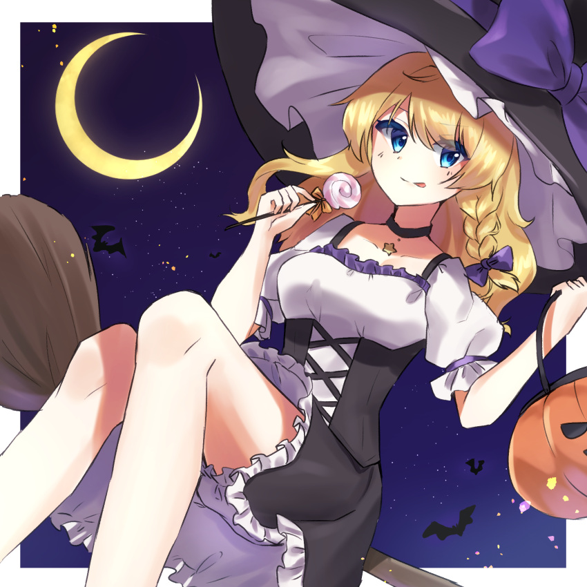 1girl adapted_costume ameria_(artist) bat black_dress black_headwear blonde_hair bloomers blue_eyes bow breasts broom broom_riding candy commentary_request crescent crescent_moon dress food frilled_dress frills halloween halloween_bucket hat hat_bow highres kirisame_marisa lollipop long_hair moon night puffy_short_sleeves puffy_sleeves pumpkin purple_bow short_sleeves small_breasts star_(symbol) tongue tongue_out touhou underwear white_bloomers white_dress witch_hat