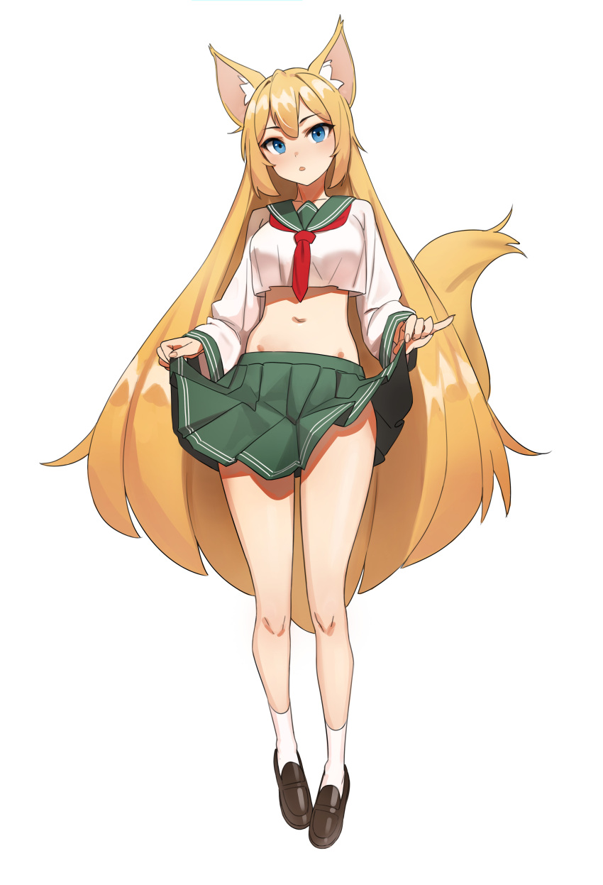 1girl absurdres animal_ears bangs blonde_hair blouse blue_eyes clothes_lift collar collared_blouse commission crop_top crop_top_overhang fox_ears fox_girl fox_tail green_collar green_skirt highres kiritzugu lifted_by_self loafers long_hair looking_at_viewer navel neckerchief open_mouth original pleated_skirt red_neckerchief sailor_collar school_uniform serafuku shoes simple_background skirt skirt_lift socks stomach tail white_background white_blouse white_legwear
