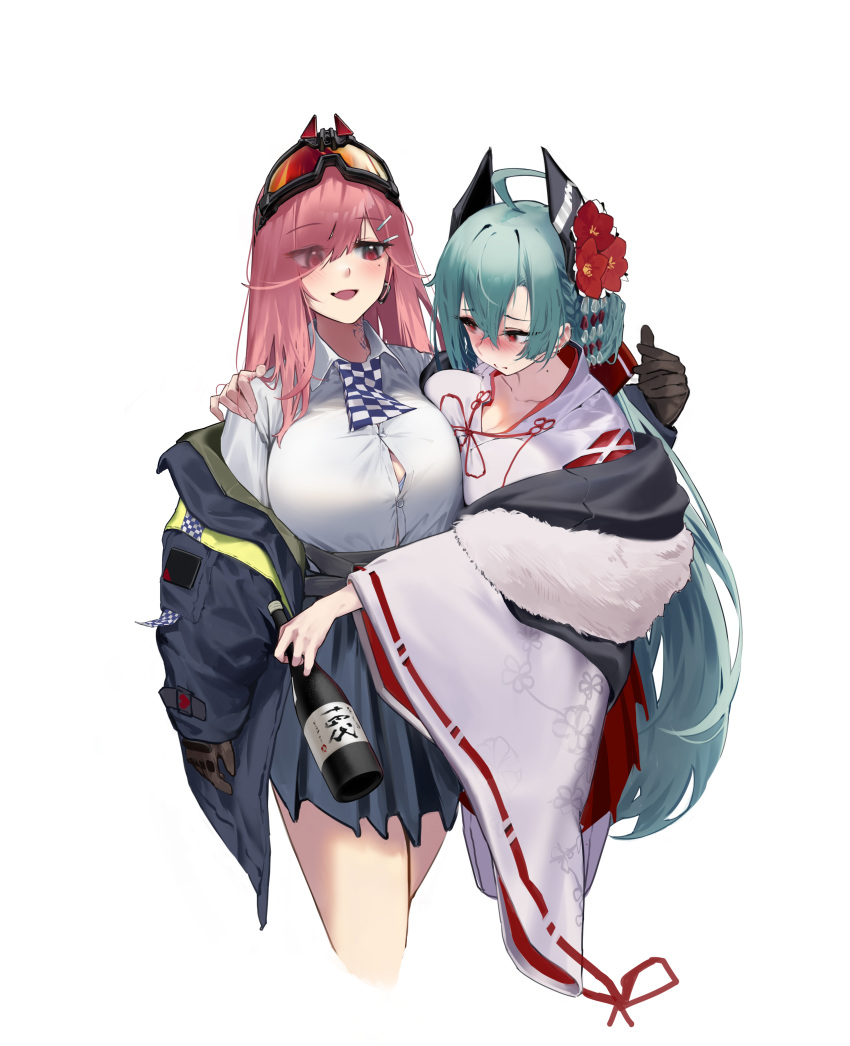 2girls absurdres ahoge alcohol aqua_hair bangs black_gloves blue_jacket blue_skirt blush bottle breasts closed_mouth collarbone earrings eyebrows_visible_through_hair eyewear_on_head feet_out_of_frame flower fur-trimmed_kimono fur_trim girls_frontline gloves hair_between_eyes hair_flower hair_ornament hairclip hand_on_shoulder heart heart_earrings highres holding holding_bottle jacket jacket_pull japanese_clothes jewelry kimono large_breasts long_hair looking_at_another ltlx_7000_(dancing_shrine_maiden)_(girls'_frontline) ltlx_7000_(girls'_frontline) marrrrrr mole mole_under_eye multiple_girls open_clothes open_jacket open_mouth pink_hair police police_uniform red_eyes safety_glasses sake shirt sig_mcx_(girls'_frontline) skirt smile standing uniform white_background white_shirt