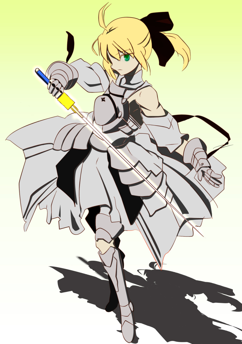 1girl artoria_pendragon_(all) black_bow blonde_hair bow breastplate caliburn dress eyebrows_visible_through_hair fate/grand_order fate/unlimited_codes fate_(series) faulds floating_hair gauntlets green_eyes hair_between_eyes hair_bow highres loghder long_hair looking_at_viewer outdoors petals ponytail saber_lily signature sleeveless sleeveless_dress solo standing sword weapon white_dress