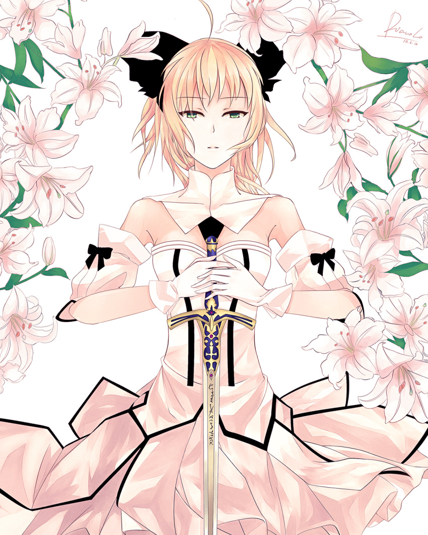 1girl artoria_pendragon_(all) black_bow blonde_hair bow breastplate caliburn diavolo_(pixiv2593477) dress eyebrows_visible_through_hair fate/grand_order fate/unlimited_codes fate_(series) faulds floating_hair gauntlets green_eyes hair_between_eyes hair_bow highres long_hair looking_at_viewer outdoors petals ponytail saber_lily signature sleeveless sleeveless_dress solo standing sword weapon white_dress