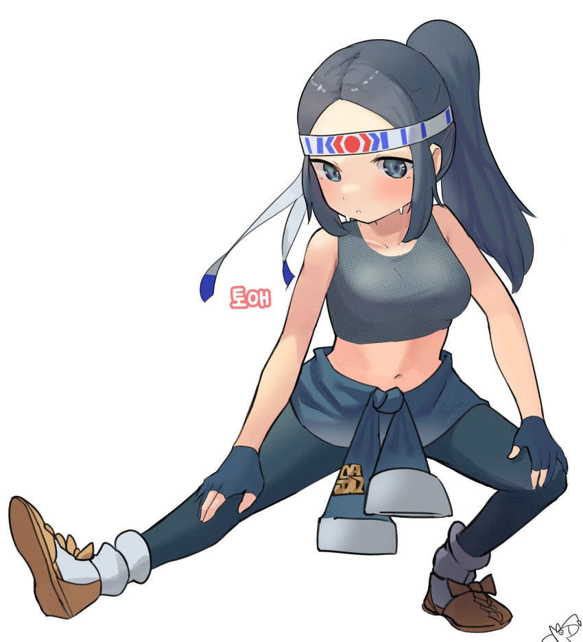 1girl akari_(pokemon) bare_arms black_gloves black_hair blush breasts brown_footwear collarbone commentary_request commission fingerless_gloves full_body gloves grey_headband grey_legwear headband highres korean_commentary leggings long_hair loose_socks navel pokemon pokemon_(game) pokemon_legends:_arceus ponytail shoes sidelocks sleeveless solo squatting tied_hair user_gxgw3432