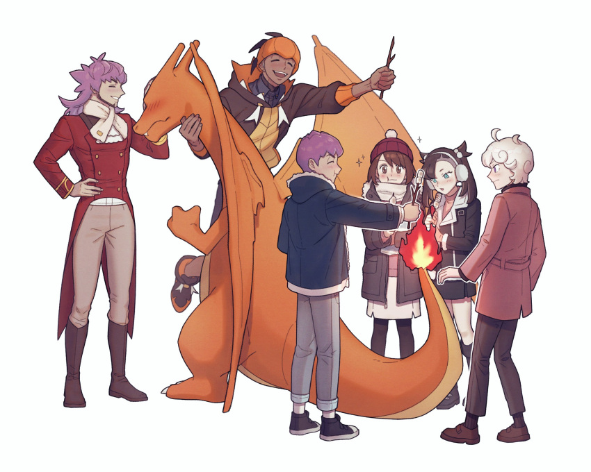 2girls 4boys :d :t alternate_costume bede_(pokemon) black_footwear blush boots brown_eyes brown_footwear brown_hair buttons charizard chatea closed_eyes closed_mouth coat commentary_request earmuffs fire flame gloria_(pokemon) grey_pants hand_on_hip highres holding holding_stick hop_(pokemon) korean_commentary leon_(pokemon) long_sleeves marnie_(pokemon) multiple_boys multiple_girls open_mouth pants pokemon pokemon_(creature) pokemon_(game) pokemon_swsh raihan_(pokemon) scarf shoes smile socks sparkle standing stick tailcoat teeth upper_teeth white_background