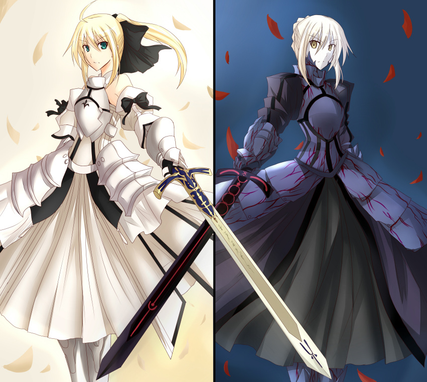 2girls absurdres ahoge artoria_pendragon_(all) bare_shoulders black_ribbon blonde_hair braid caliburn cowboy_shot dark_excalibur detached_collar detached_sleeves excalibur_morgan_(fate) fate/grand_order fate/stay_night fate/unlimited_codes fate_(series) french_braid gloves green_eyes hair_ribbon highres juliet_sleeves long_sleeves looking_at_viewer multicolored_hair multiple_girls nayamer ponytail puffy_sleeves ram_hachimin ribbon saber_alter saber_lily white_gloves wide_sleeves yellow_eyes