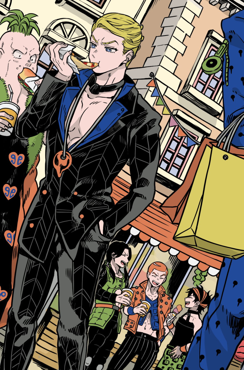 6+boys bag blonde_hair blue_eyes bruno_buccellati cup drink dutch_angle eating food formaggio formal highres holding holding_cup ice_cream illuso jewelry jojo_no_kimyou_na_bouken male_focus multiple_boys narancia_ghirga necklace pesci pizza_slice prosciutto sandwich setsunano shopping_bag string_of_flags suit vento_aureo