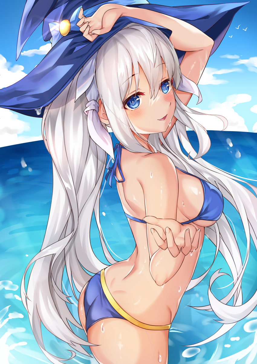 1girl absurdres arm_up ass bangs bikini bird blue_bikini blue_eyes blue_sky blush breasts clouds commission curved_horizon day deogho_(liujinzy9854) eyebrows_visible_through_hair hair_between_eyes hair_ribbon hat highres korean_commentary long_hair medium_breasts ocean open_mouth original outdoors ribbon seagull sideboob silver_hair sky smile standing swimsuit very_long_hair wet witch_hat