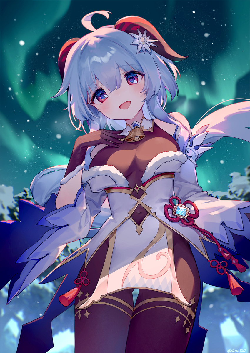ahoge ainy alternate_costume ass_visible_through_thighs aurora bangs bare_shoulders bell black_gloves black_legwear blue_hair blush breasts chinese_knot choker covered_navel detached_sleeves eyebrows_visible_through_hair flower_knot fur_trim ganyu_(genshin_impact) genshin_impact gloves gold_trim hair_ornament hand_on_own_chest highres horns long_hair looking_at_viewer medium_breasts neck_bell outdoors red_rope rope sidelocks smile snow solo standing tassel thigh_gap thighlet violet_eyes vision_(genshin_impact) white_choker white_sleeves wide_sleeves
