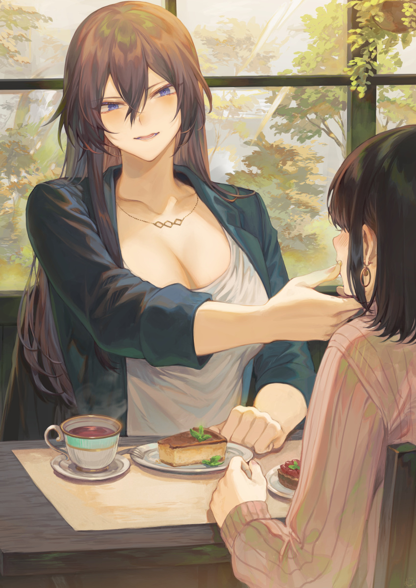 2girls black_hair blue_eyes blush breasts brown_hair cake couple cup earrings faceless faceless_female food hand_on_another's_face highres jewelry large_breasts long_hair mashuu_(neko_no_oyashiro) multiple_girls necklace oomikado_aoi original plate teacup very_long_hair yuri