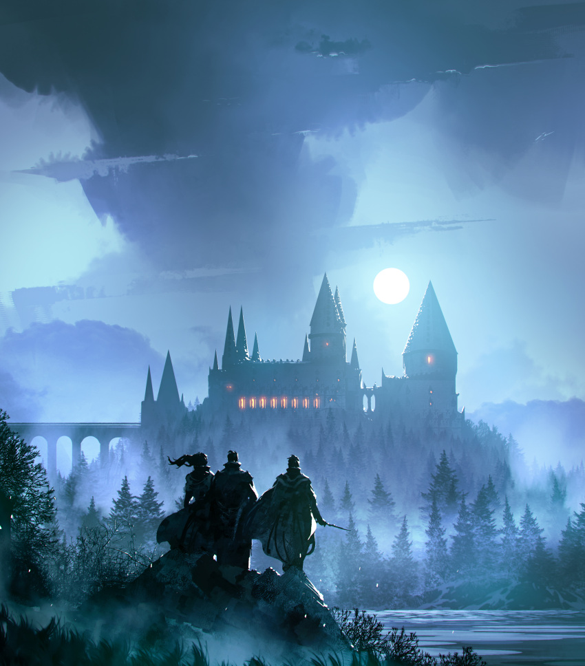 1girl 2boys absurdres bridge castle commentary forest from_behind harry_potter_(series) highres holding holding_wand kalmahul light long_hair moon moonlight multiple_boys nature night outdoors short_hair steam tree wand water