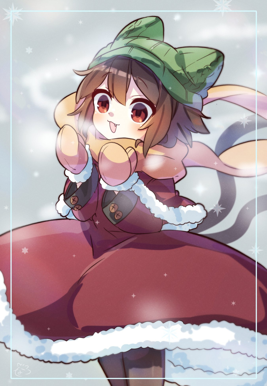 1girl :3 alternate_costume animal_ears arms_up bangs black_legwear blush brown_eyes brown_hair buttons capelet cat_ears cat_tail chen cold commentary_request fang feet_out_of_frame fur-trimmed_capelet fur-trimmed_gloves fur-trimmed_skirt fur_trim gloves green_headwear grey_background highres ibaraki_natou looking_to_the_side multiple_tails nekomata one-hour_drawing_challenge open_mouth red_capelet red_skirt scarf sidelocks skirt smoke snowing solo standing tail touhou two_tails winter_clothes yellow_gloves yellow_scarf