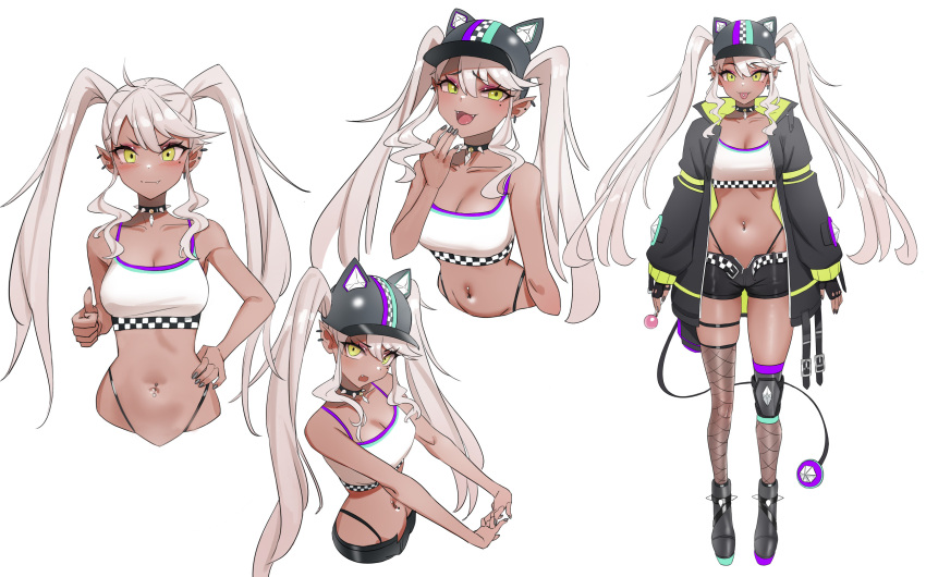 1girl animal_hat asymmetrical_legwear bangs boots breasts buckle candy cat_hat character_request character_sheet checkered checkered_clothes collar commission copyright_request crop_top ear_piercing expressions eyebrows_visible_through_hair fishnet_legwear fishnets food full_body garters green_eyes hat highleg highleg_panties highres holding holding_candy holding_food jacket kiritzugu knee_pads leg_garter lollipop long_hair looking_at_viewer medium_breasts mismatched_legwear multicolored_clothes multicolored_jacket multiple_views navel navel_piercing open_clothes open_mouth open_shorts outstretched_arms panties panty_straps piercing platinum_blonde_hair pointy_ears shorts sidelocks simple_background single_knee_pad smug spaghetti_strap spiked_boots spiked_collar spiked_footwear spikes standing stomach stretch tail thigh-highs thumbs_up tongue tongue_out tongue_piercing twintails underwear white_background