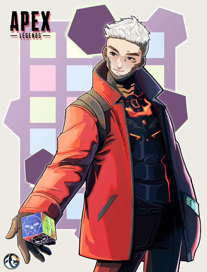 1boy absurdres apex_legends armor black_pants brown_eyes brown_gloves copyright_name crypto_(apex_legends) devil's_advocate_crypto english_commentary gloves grey_hair head_tilt highres jacket logo looking_down official_alternate_costume pants red_jacket rito_ikeda rubik's_cube solo