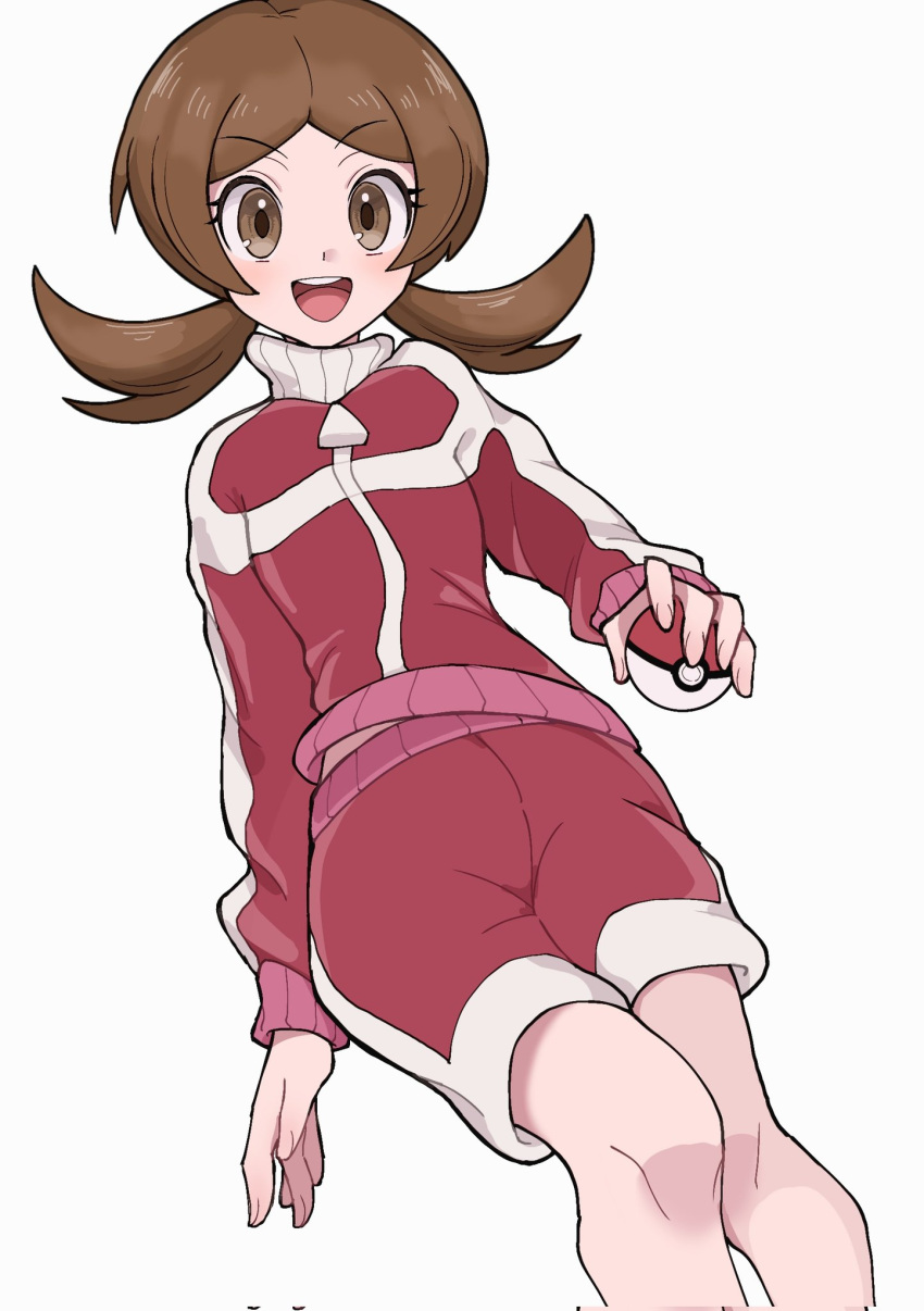 1girl :d blush brown_eyes brown_hair commentary_request eyebrows_visible_through_hair happy highres holding holding_poke_ball jacket knees koniko_(525lj) long_hair lyra_(pokemon) open_mouth poke_ball poke_ball_(basic) pokemon pokemon_(game) pokemon_hgss red_jacket red_shorts shorts simple_background smile solo teeth tongue twintails upper_teeth white_background