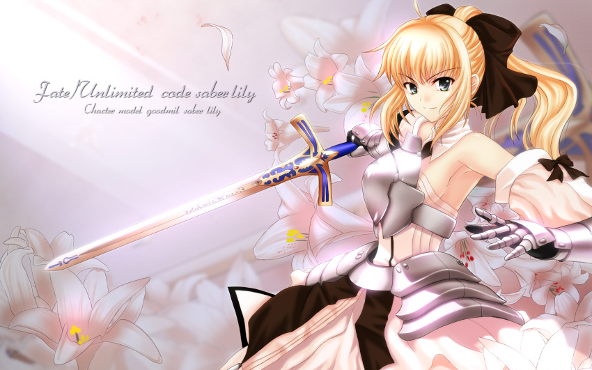 1girl artoria_pendragon_(all) black_bow blonde_hair bow breastplate caliburn capra dress eyebrows_visible_through_hair fate/grand_order fate/unlimited_codes fate_(series) faulds floating_hair gauntlets green_eyes hair_between_eyes hair_bow highres long_hair looking_at_viewer outdoors petals ponytail saber_lily signature sleeveless sleeveless_dress solo standing sword weapon white_dress