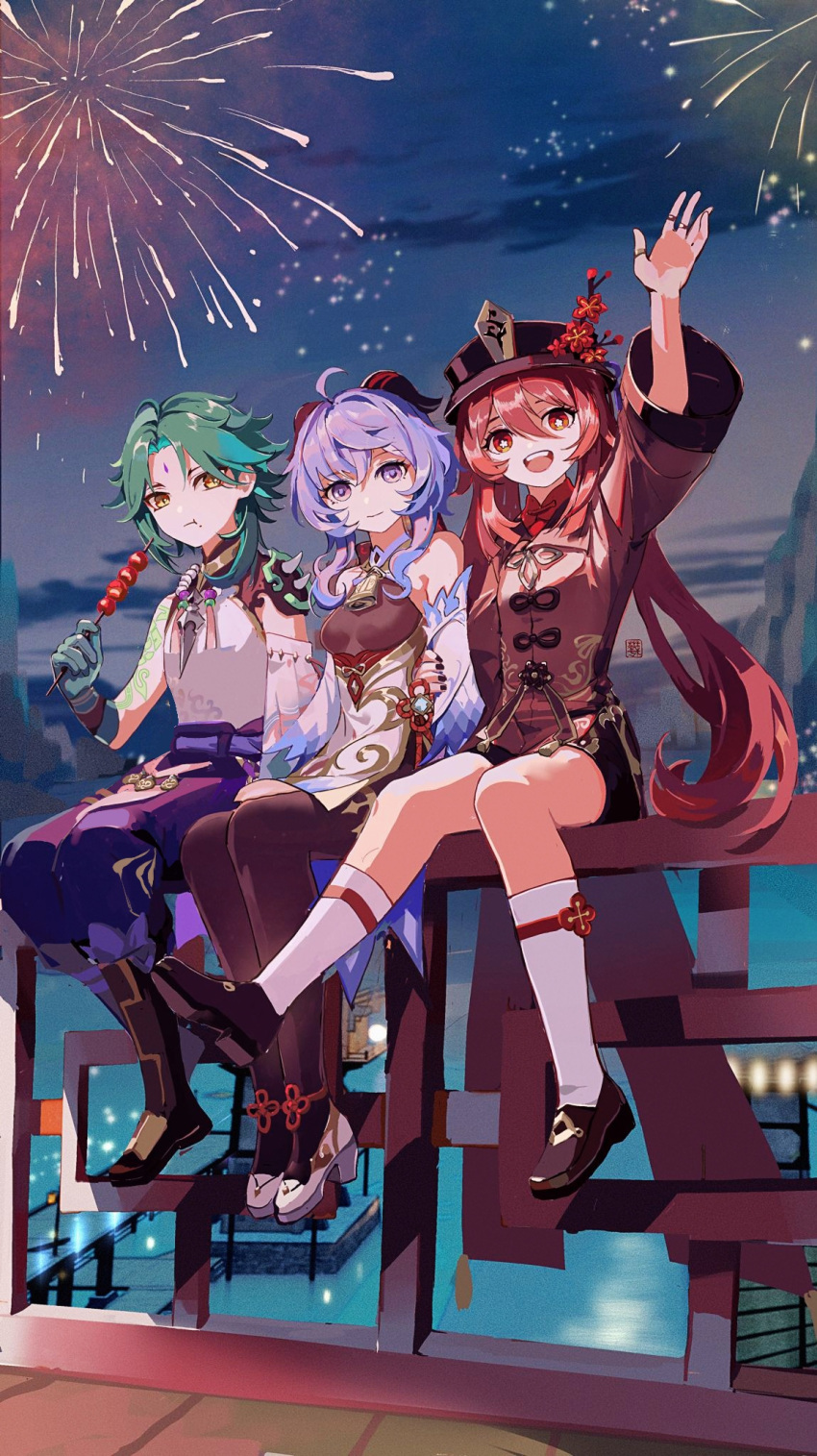 1boy 2girls :d :t arm_up bangs bodystocking brown_eyes brown_hair chinese_commentary commentary_request dango detached_sleeves eating facial_mark fireworks flower flower-shaped_pupils food forehead_mark full_body ganyu_(genshin_impact) genshin_impact gloves green_hair hair_between_eyes hat hat_flower highres horns hu_tao_(genshin_impact) jewelry kneehighs long_hair looking_at_viewer multiple_girls on_railing open_mouth outdoors purple_hair qingxin_gua_yu ring sitting slit_pupils smile symbol-shaped_pupils violet_eyes wagashi white_legwear xiao_(genshin_impact) yellow_eyes