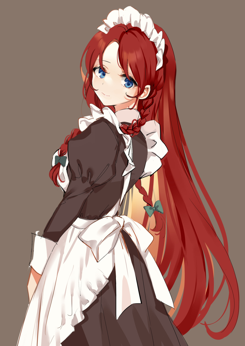 1girl absurdres alternate_costume apron bangs black_dress blue_eyes blush braid closed_mouth commentary_request dress enmaided eyelashes feet_out_of_frame frilled_apron frills grey_background headdress highres hong_meiling juliet_sleeves kanta_(pixiv9296614) long_hair long_sleeves looking_at_viewer looking_back maid maid_headdress puffy_sleeves redhead sidelocks simple_background sleeve_cuffs smile solo standing touhou twin_braids white_apron