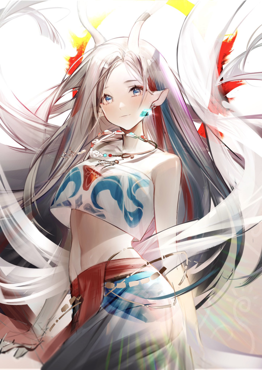1girl a_deer_of_nine_colors antlers arknights bare_shoulders blue_eyes blue_hair blush closed_mouth collarbone cowboy_shot crop_top forehead highres jewelry kiji_(yuanruiy) long_hair looking_at_viewer midriff multicolored_hair navel necklace nine-colored_deer redhead shawl silver_hair simple_background skirt smile solo stomach very_long_hair white_background white_skirt