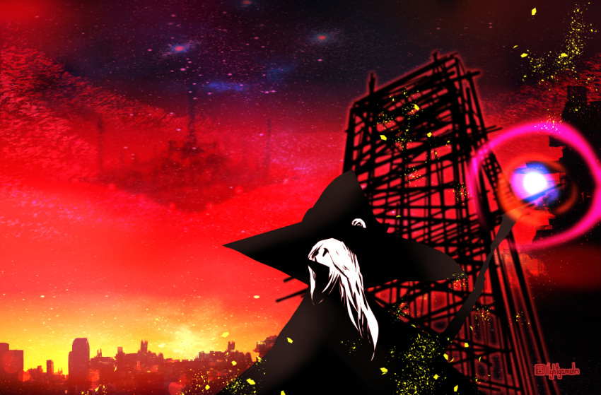 1girl artist_name city hat light_takasaka long_hair original outdoors profile red_sky sky solo white_hair wide_shot witch witch_hat