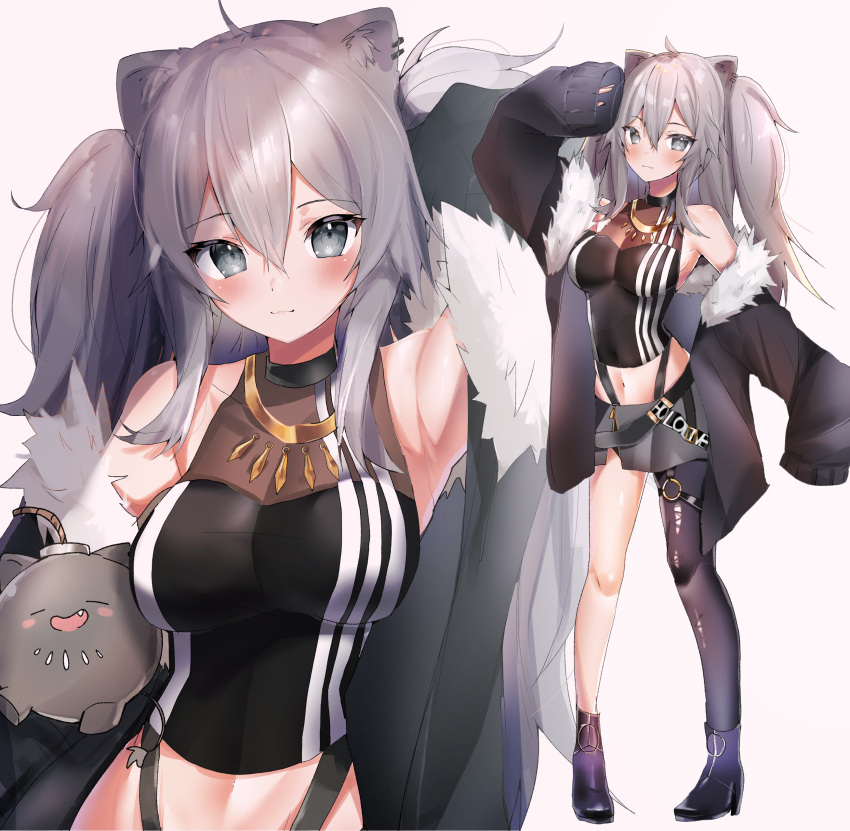1girl =_= absurdres animal_ear_fluff animal_ears armpits bangs black_footwear black_jacket blush bomb breasts commentary_request ear_piercing fang fur_trim grey_eyes grey_hair grey_skirt hair_between_eyes highres hololive jacket light_smile lion_ears lion_girl looking_at_viewer maru_ccy medium_breasts multiple_views navel off_shoulder open_mouth piercing shishiro_botan single_leg_pantyhose skirt sleeves_past_fingers sleeves_past_wrists smile ssrb torn_clothes torn_legwear virtual_youtuber