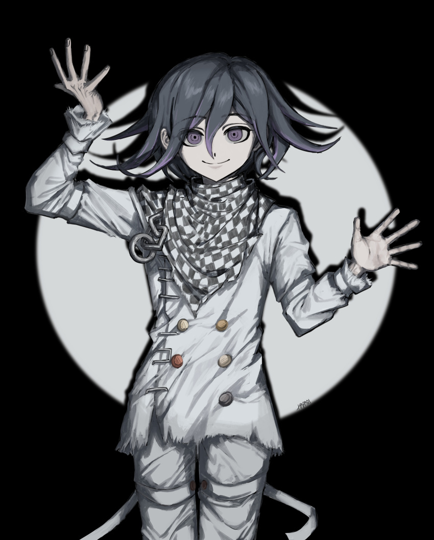 1boy absurdres bangs black_background buttons checkered_clothes checkered_scarf danganronpa_(series) danganronpa_v3:_killing_harmony double-breasted eyebrows_visible_through_hair flipped_hair gradient_hair grey_background grey_pants hair_between_eyes harari highres jacket long_sleeves looking_at_viewer male_focus multicolored_hair ouma_kokichi pants scarf short_hair smile solo straitjacket two-tone_hair