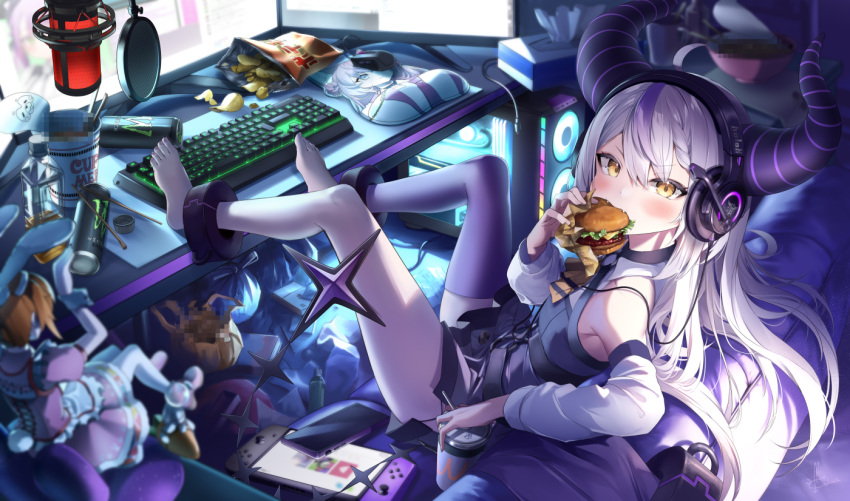 1girl ahoge animal_ears ankle_cuffs bag bangs barefoot black_dress bottle bowl breast_mousepad burger can cellphone censored censored_food chips chopsticks commentary_request computer couch demon_horns desk detached_leggings detached_sleeves dress eating eyebrows_visible_through_hair fangs feet_on_table food food_in_mouth full_body hakui_koyori headset holding holding_can holding_food hololive horns keyboard_(computer) kito_koruta la+_darknesss long_hair long_sleeves looking_at_viewer looking_to_the_side monitor monster_energy mouse_ears multicolored_hair multiple_monitors nail_polish nintendo_switch on_couch phone purple_hair purple_legwear ramen signature silver_hair sleeveless sleeveless_dress smartphone solo streaked_hair tail tissue_box toenail_polish toenails v-shaped_eyebrows virtual_youtuber yellow_eyes