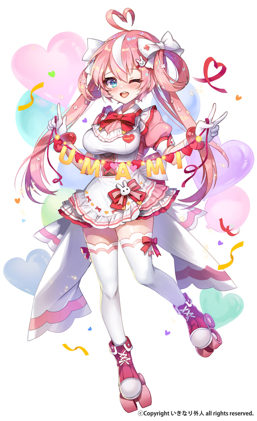 1girl ahoge apple_caramel apron blue_eyes blush bow breasts bunny_hair_ornament confetti copyright dress full_body gloves hair_between_eyes hair_bow hair_ornament hair_rings heart heart_ahoge high_tops highres index_finger_raised long_hair looking_at_viewer medium_breasts multicolored_hair official_art one_eye_closed open_mouth original pink_footwear pink_hair pose puffy_short_sleeves puffy_sleeves ribbon roller_skates short_dress short_sleeves simple_background skates smile streaked_hair thigh-highs twintails v very_long_hair white_background white_gloves white_hair white_legwear zettai_ryouiki
